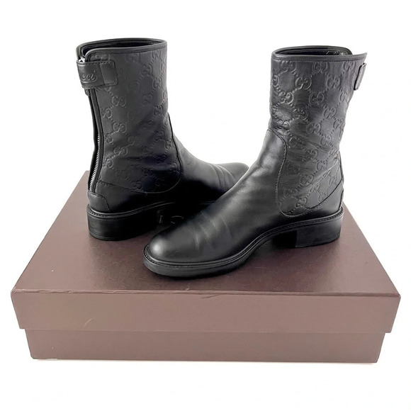 GUCCI || GG Monogram Guccissima Maud Black Leather Short Moto Ankle Boots US 8.5 - Picture 2 of 16